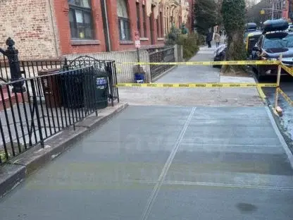 New concrete sidewalk in front of a brick rowhouse, taped off while curing