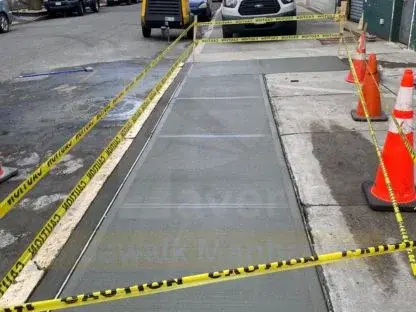 Long strip of new sidewalk concrete along a commercial street, protected by cones