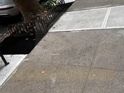 New concrete flags meeting an existing sidewalk beside a fenced tree pit